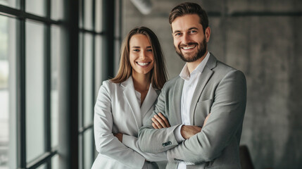 Homem e mulher de terno juntos sorrindo em um ambiente profissional 
