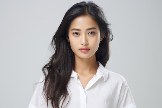 Asian Business Maven, A poised and professional Asian busiessgirl captivates in a stunning portrait against a backdrop of pure white.  Generative AI.