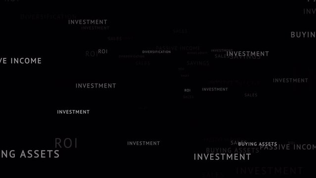 Investment Profit strategy PNG Alpha flying text. Saving passive income sales ROI words looping animation text 
