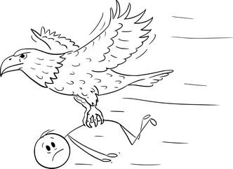 Eagle Carries Person Away, Vector Cartoon Stick Figure Illustration