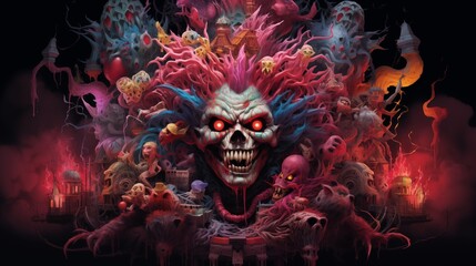 a skull of clown surrounded by zombies and monsters