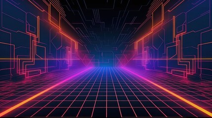 Obraz premium Cyberspace background, wireframe, grid receeding into the distance, circuitry, cyberpunk, high contrast.