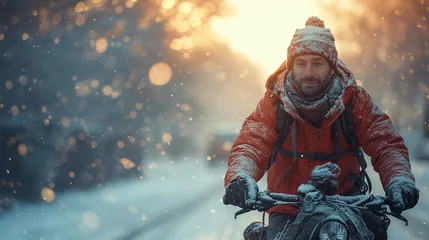 Foto op Canvas Man riding a bicycle in winter. © andranik123