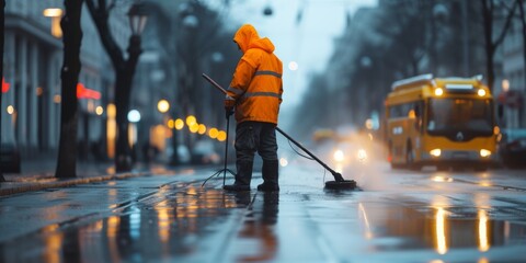 Early Morning Street Cleaning By City Worker - obrazy, fototapety, plakaty