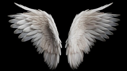 The striking contrast of white angel wings against a dark black background, as if illuminating the space with their celestial presence and radiance