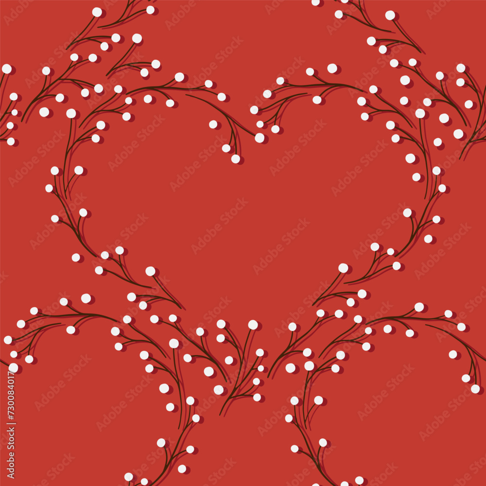 Poster hand drawn heart shape made of tiny branches with white berries romantic colorful vector seamless pa