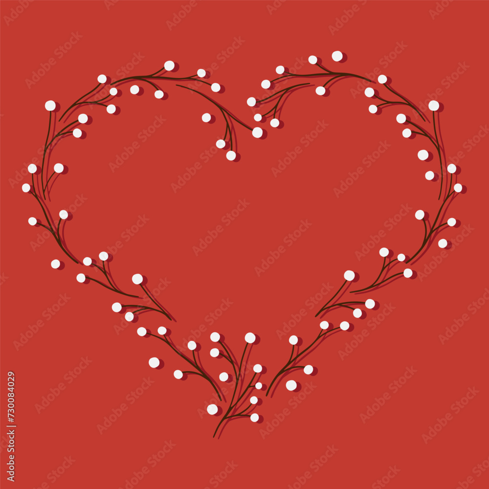 Poster hand drawn heart shape made of tiny branches with white berries romantic colorful vector centerpiece