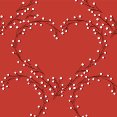hand drawn heart shape made of tiny branches with white berries romantic colorful vector seamless pattern isolated on red background