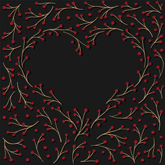 hand drawn heart shape made of tiny branches with red berries romantic colorful vector centerpiece isolated on dark background - 730084020