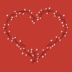 hand drawn heart shape made of tiny branches with white berries romantic colorful vector centerpiece isolated on red background - 730084029