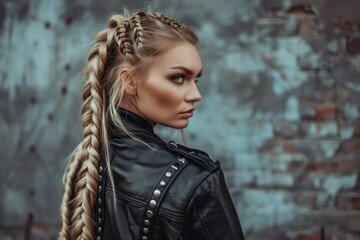 Stylish Blonde Woman With Viking-Inspired Braids And A Fierce Leather Jacket