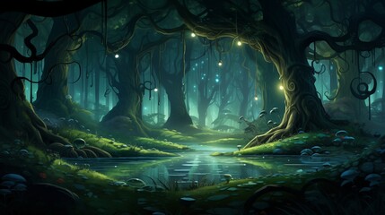 a river in a green jungle with candles and lights behind it
