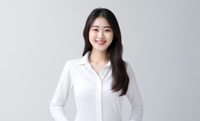 Confident Asian Professional, Confidence and professionalism shine through as a young Asian businessperson woman poses against a backdrop of solid white.  Generative AI.