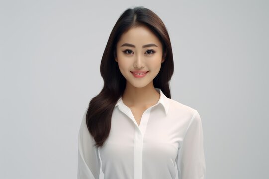 Confident Asian Professional, Confidence and professionalism shine through as a young Asian businessperson woman poses against a backdrop of solid white.  Generative AI.