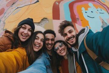 Group Of Friends Takes Selfie With City Mural