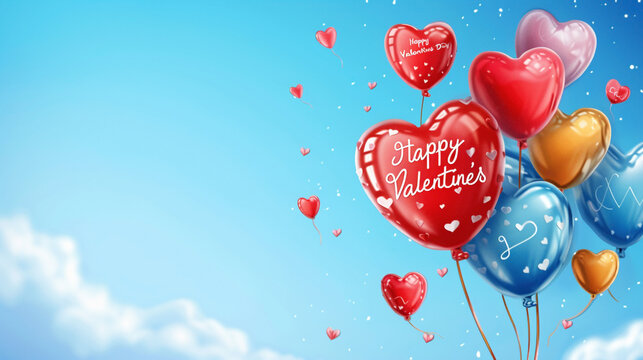 A vibrant image of heart-shaped balloons floating against a blue sky with the words "Happy Valentine's Day" written on them.
