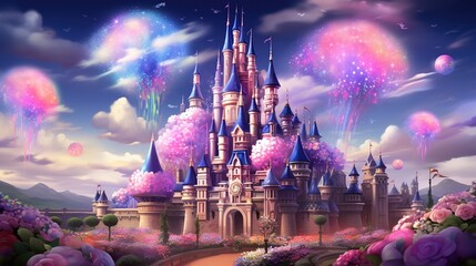 a pink castle with pink flowers and fireworks - obrazy, fototapety, plakaty
