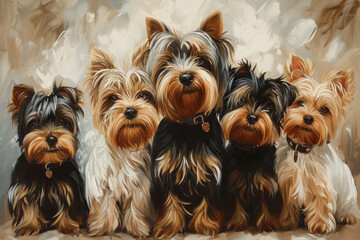 A Painted Picture Group Of Yorkshire Terrier Dogs
