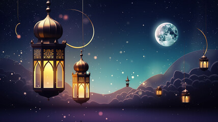 Islamic greeting Eid Mubarak cards for Muslim Holidays.Eid-Ul-Adha festival celebration . Ramadan Kareem background.Crescent Moon and Lantern Lightning in sky