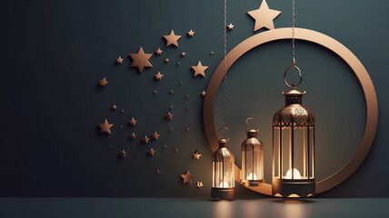 Islamic decoration background with lantern and crescent moon luxury style, ramadan kareem