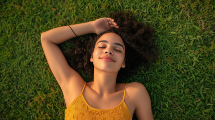 Naklejka na ściany i meble young woman lying on grass, smiling with her eyes closed, and her arms resting behind her head, clearly enjoying a moment of relaxation outdoors.