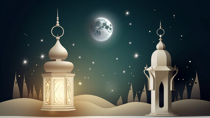 Islamic greeting Eid Mubarak cards for Muslim Holidays.Eid-Ul-Adha festival celebration . Ramadan Kareem background.Crescent Moon and Lantern Lightning in sky