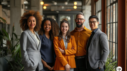Group Of Business People In a corporate Office, Successful team diverse team Stand Folded Hands, Professional Staff Happy Smiling, diversity at workplace, african, asian, arab, multiracial emplyees