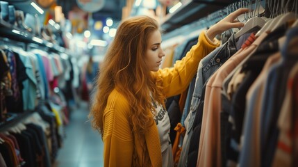 A woman is shopping at the mall, a girl in the store is choosing clothes - obrazy, fototapety, plakaty