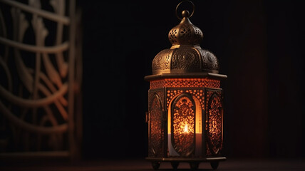 Ornamental Arabic lantern with burning candle glowing