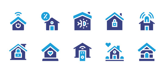 Home icon set. Duotone color. Vector illustration. Containing installment, house, domotics, smarthome, air conditioner, home sweet home, home, home security, dog house, house control.