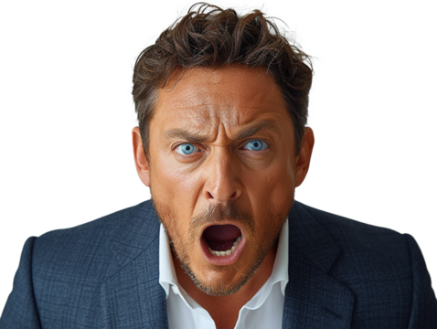 Angry businessman shouting with open mouth in portrait
