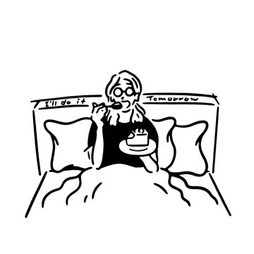 タスクは明日やることにして、ベッドの上でケーキを食べる女性のベクター画像
