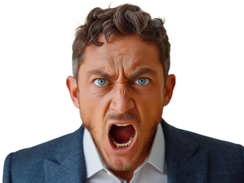 Angry businessman shouting with open mouth in portrait