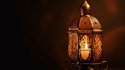 Ornamental Arabic lantern with burning candle glowing in hand. Festive greeting card, invitation for Muslim holy month Ramadan Kareem