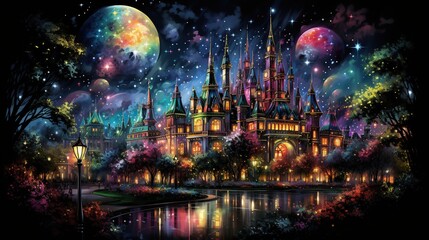 a painting of an imaginary fantasy theme park full of stars and planets