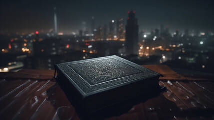 Quran, the islamic holy book, in dark city background