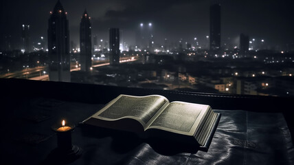Quran, the islamic holy book, in dark city background
