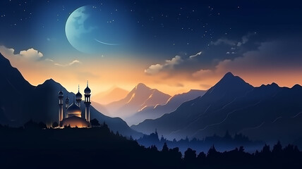 Ramadan background with crescent, stars and glowing clouds above mosque on mountains