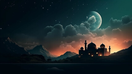 Ramadan background with crescent, stars and glowing clouds above mosque on mountains