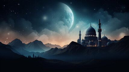 Ramadan background with crescent, stars and glowing clouds above mosque on mountains