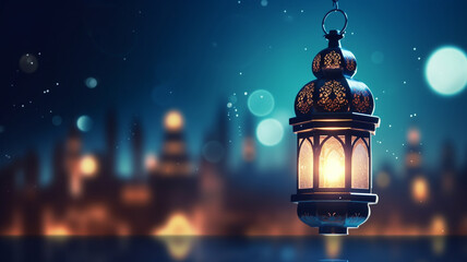 Ramadan Kareem - Moon And Arabian Lantern With Blue Sky At Night With Abstract Defocused Lights - Eid Ul Fitr