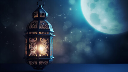 Ramadan Kareem - Moon And Arabian Lantern With Blue Sky At Night With Abstract Defocused Lights - Eid Ul Fitr