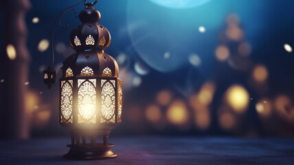 Ramadan Kareem - Moon And Arabian Lantern With Blue Sky At Night With Abstract Defocused Lights - Eid Ul Fitr