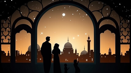 Ramadan Kareem greeting. Family at window looking at Islamic city with mosque skyline, crescent moon and stars. Muslim parents and children pray