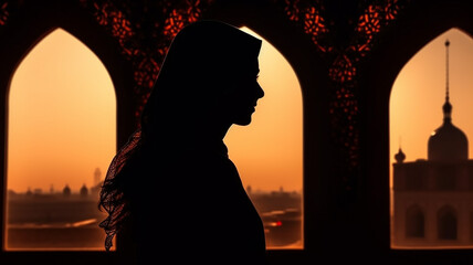 Silhouette of a Persian woman in national dress against the background of traditional Iranian architecture