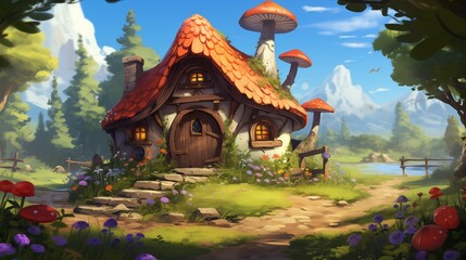 a mushroom house in the countryside over a path
