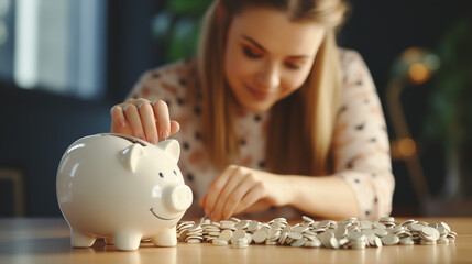 Woman inserting coins into white piggy bank, financial organization, income and expense analysis or savings strategy