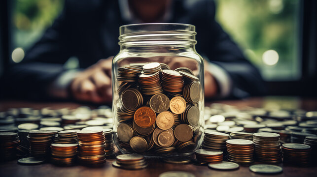 Close-up of businesswoman, coins deposited into glass jar, financial prudence or savings accumulation