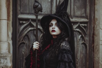 Stylish Gothic Girl, Dressed As Witch With Staff Mystical Vibes For Halloween And Gaming