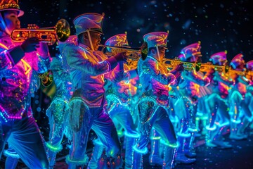 Vibrant Marching Band Dazzles With Neon Colors And Glitter At The Parade